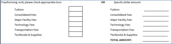 Authorization to bill for 100% of tuition and/or fees or the total dollar amount to be billed to the organization: tuition, fees, and supplies split